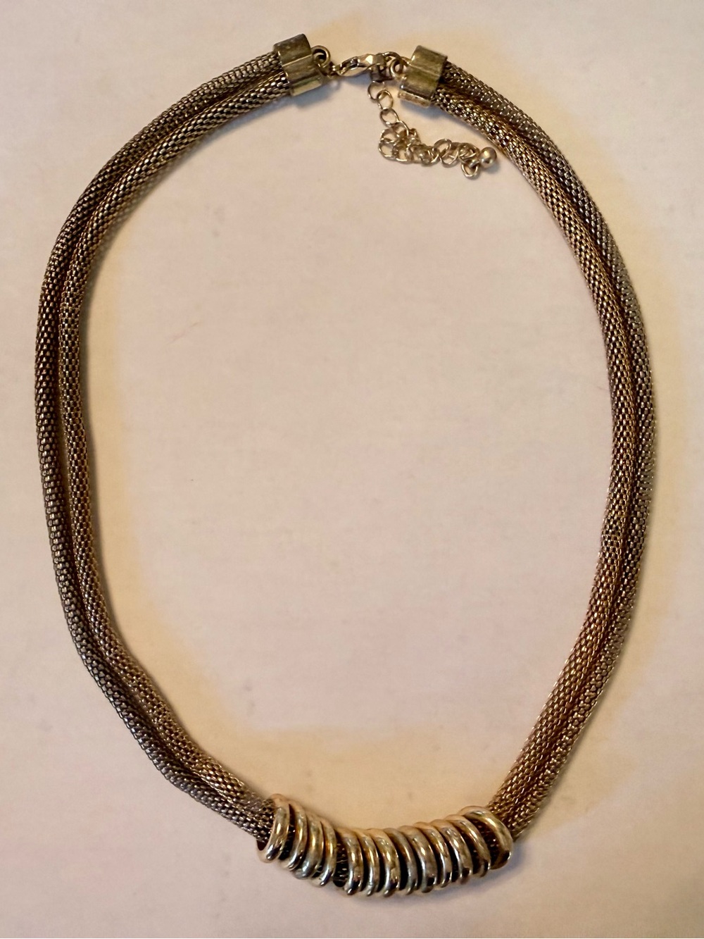 Stylish Silver-Tone Mesh Necklace with Ring Accents